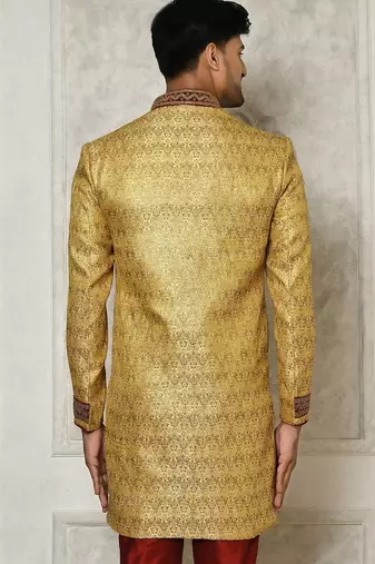 Gold straight pattern work on zari jamewar fabric with handwork