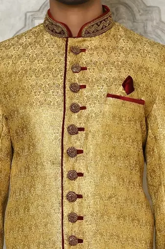 Gold straight pattern work on zari jamewar fabric with handwork