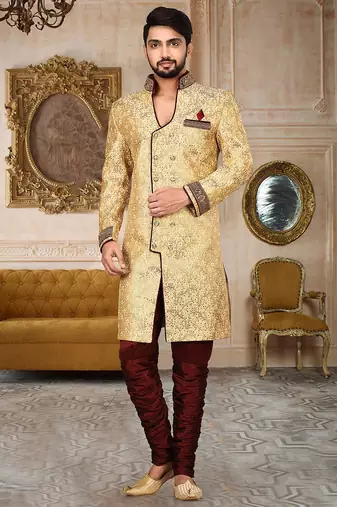 Gold anghrakha pattern work on zari jamewar fabric with handwork