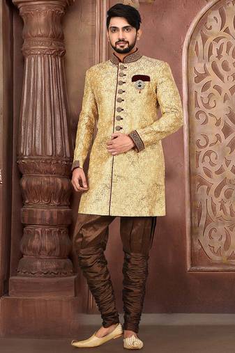 Gold straight pattern work on zari jamewar fabric with handwork