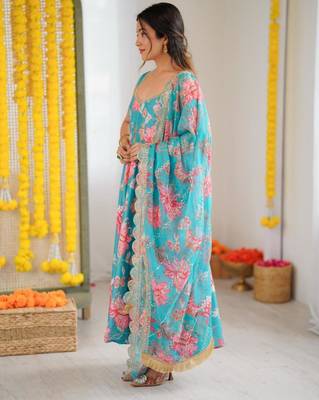Teal floral printed suit set 3