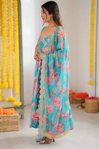 Teal floral printed suit set