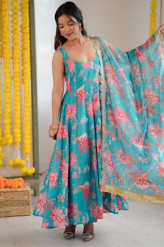 Teal floral printed suit set