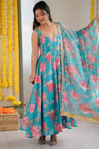 Teal floral printed suit set