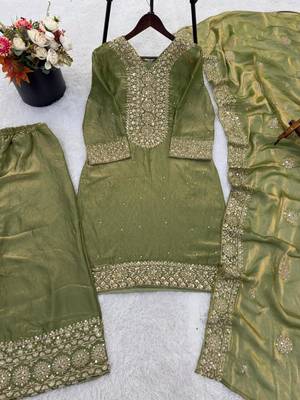 Olive green embroidered suit set 2