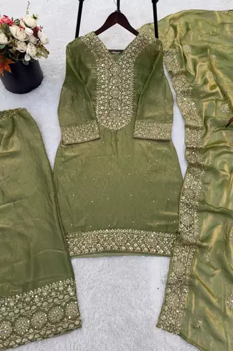 Olive green embroidered suit set