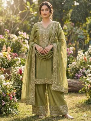 Olive green embroidered suit set 1