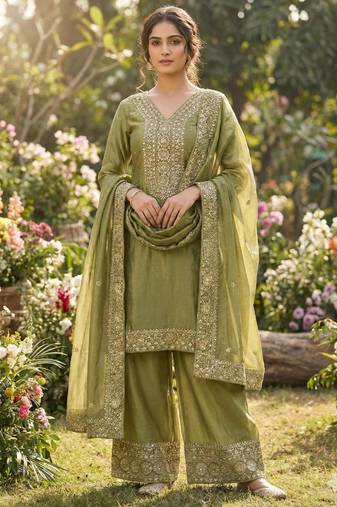 Olive green embroidered suit set