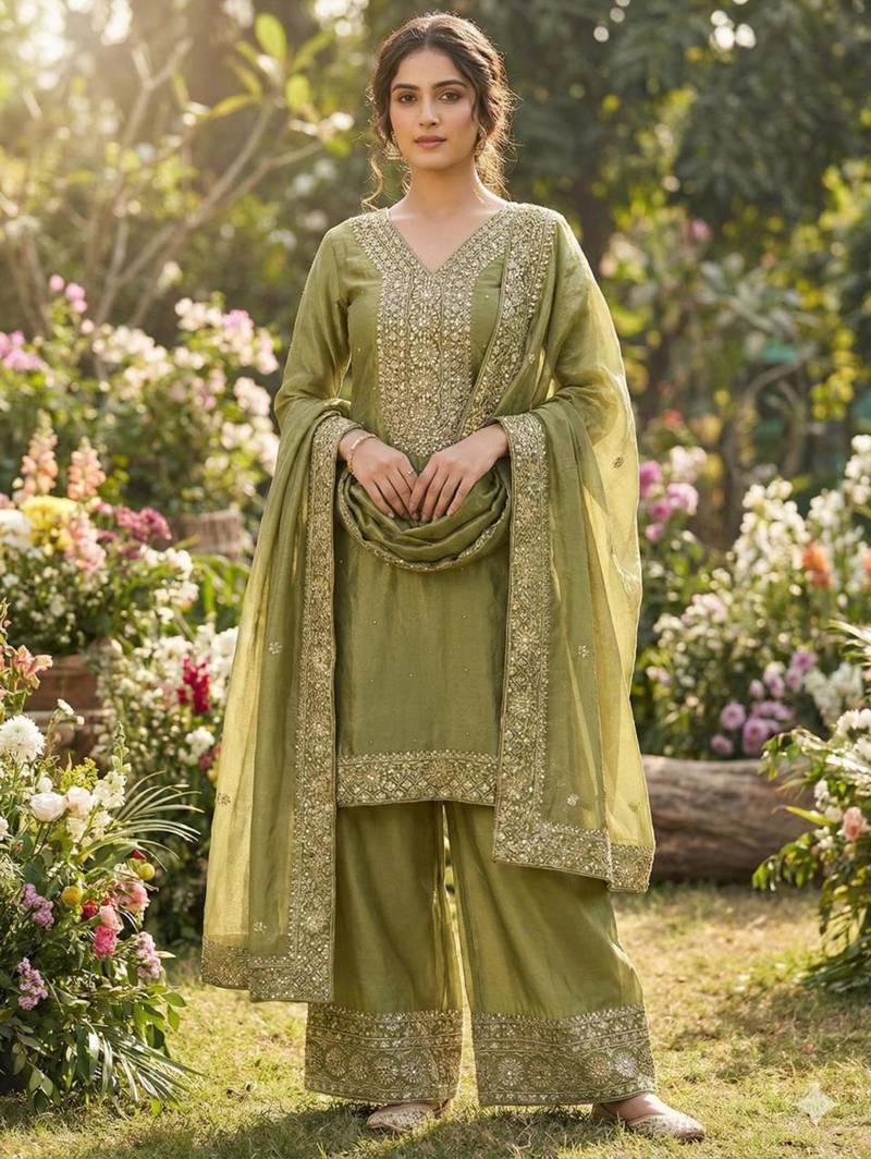 Olive green embroidered suit set