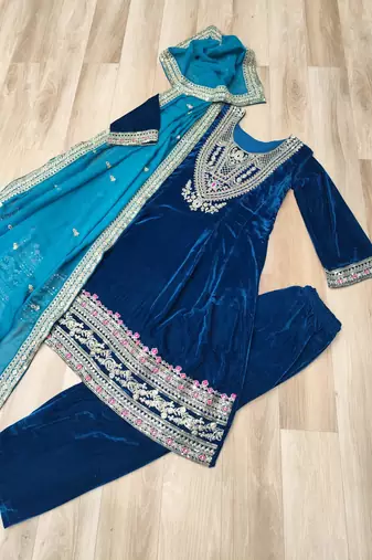 Navy blue velvet suit set