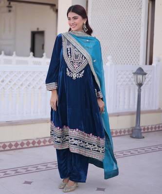 Navy blue velvet suit set 3