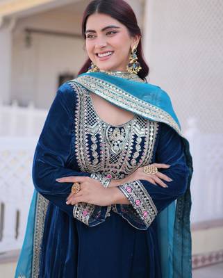 Navy blue velvet suit set 4