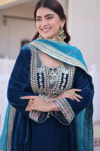 Navy blue velvet suit set