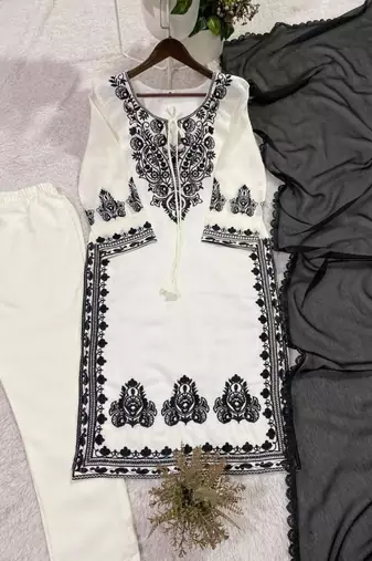 Black and white embroidered kurta set