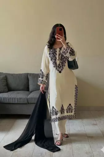 Black and white embroidered kurta set