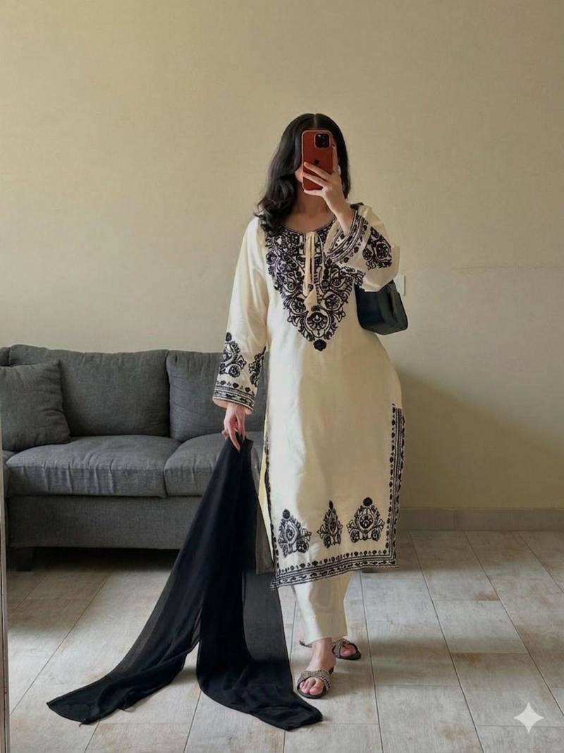 Black and white embroidered kurta set