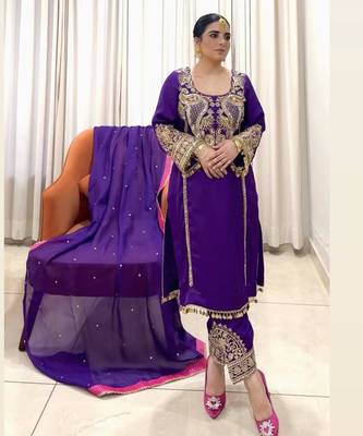 Deep purple heavy embroidered suit 1