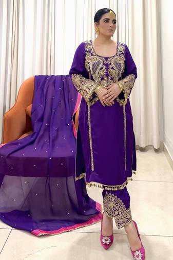 Deep purple heavy embroidered suit