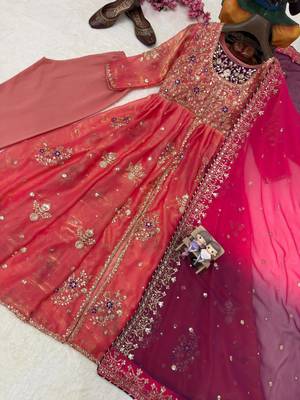 pink silk blend anarkali suit set with embroidery work 2
