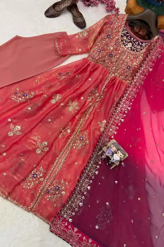 pink silk blend anarkali suit set with embroidery work
