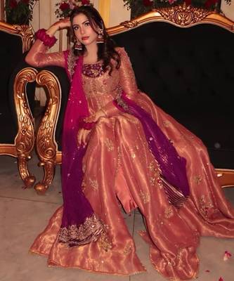pink silk blend anarkali suit set with embroidery work 3