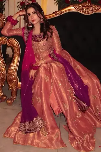 pink silk blend anarkali suit set with embroidery work