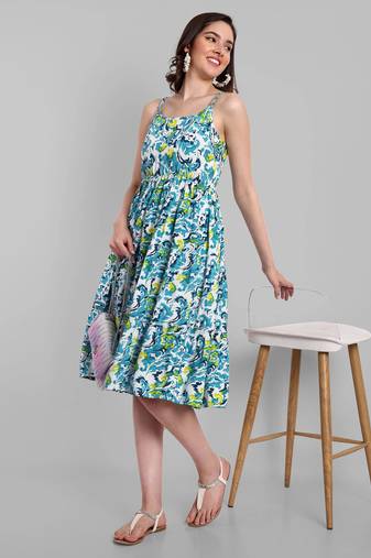 blue printed viscose rayon knee length dress for girls & women