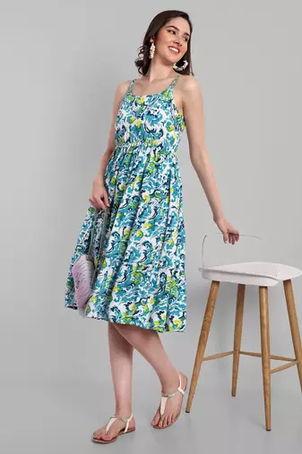 blue printed viscose rayon knee length dress for girls & women