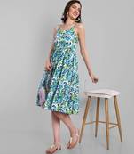 blue printed viscose rayon knee length dress for girls & women