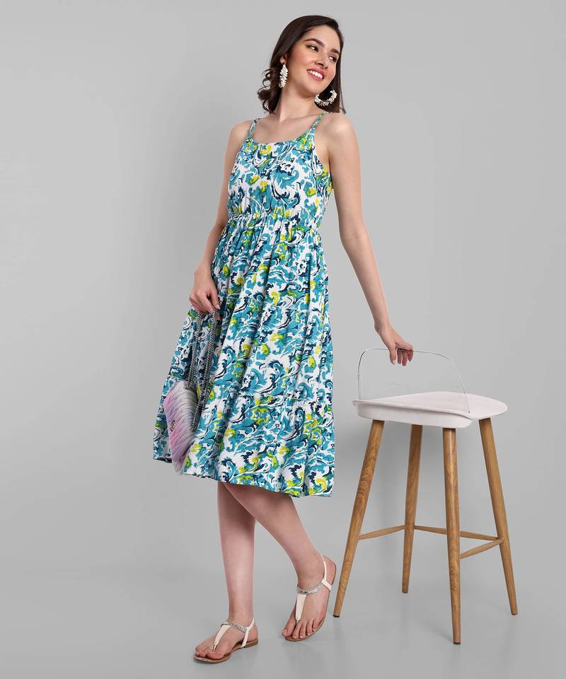 blue printed viscose rayon knee length dress for girls & women