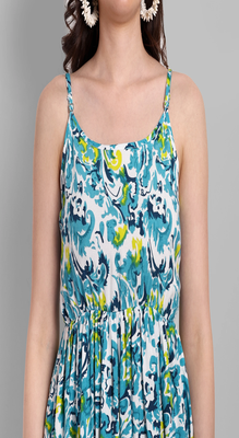 blue printed viscose rayon knee length dress for girls & women 3