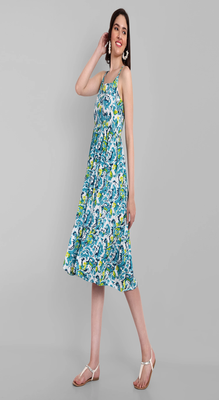 blue printed viscose rayon knee length dress for girls & women 4
