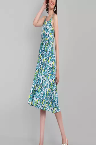 blue printed viscose rayon knee length dress for girls & women