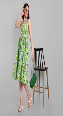 green printed viscose rayon knee length dress for girls & women 1
