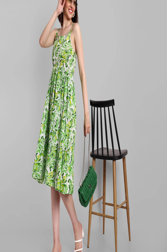 green printed viscose rayon knee length dress for girls & women