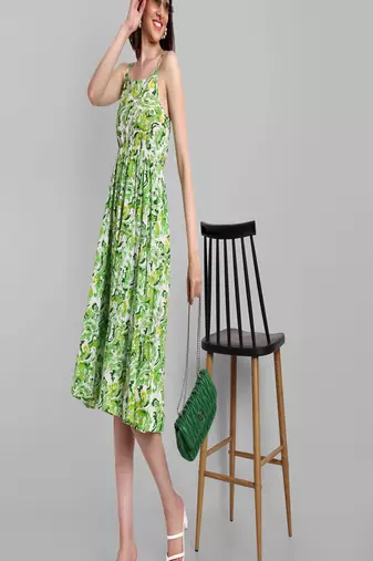 green printed viscose rayon knee length dress for girls & women