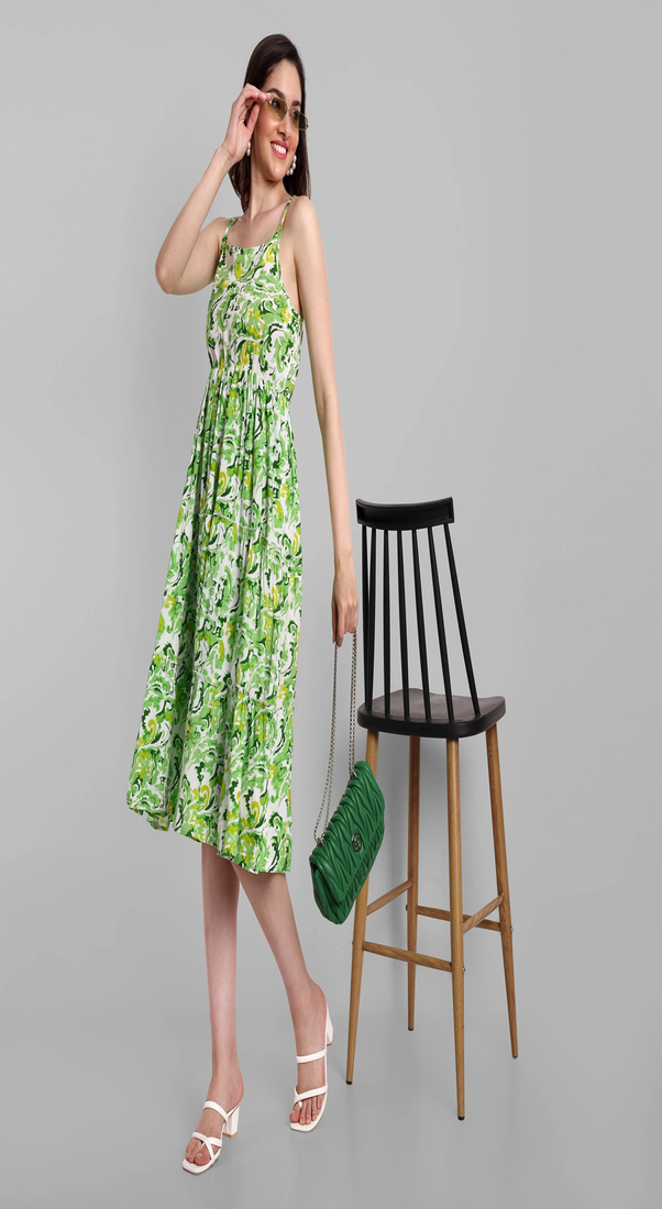 green printed viscose rayon knee length dress for girls & women