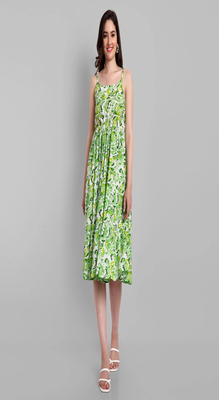 green printed viscose rayon knee length dress for girls & women 2