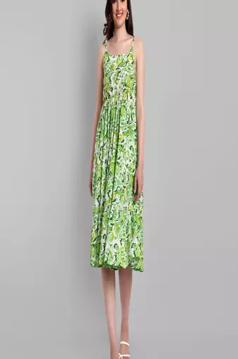 green printed viscose rayon knee length dress for girls & women