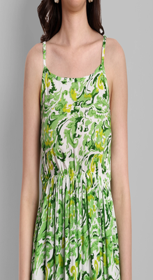 green printed viscose rayon knee length dress for girls & women 3