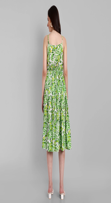 green printed viscose rayon knee length dress for girls & women 4