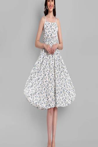 white printed viscose rayon knee length dress for girls & women