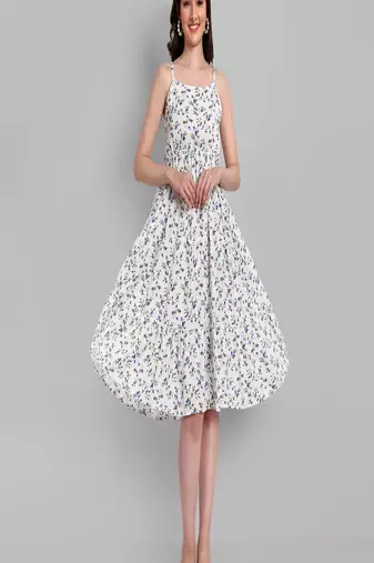 white printed viscose rayon knee length dress for girls & women