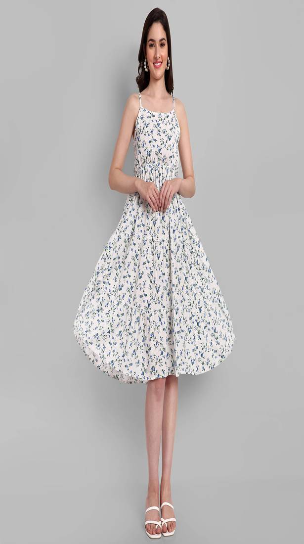 white printed viscose rayon knee length dress for girls & women