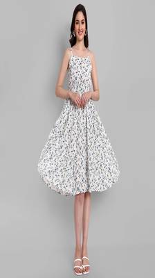 white printed viscose rayon knee length dress for girls & women 2