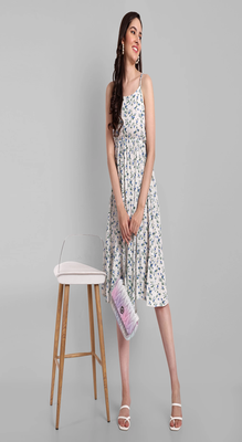 white printed viscose rayon knee length dress for girls & women 4