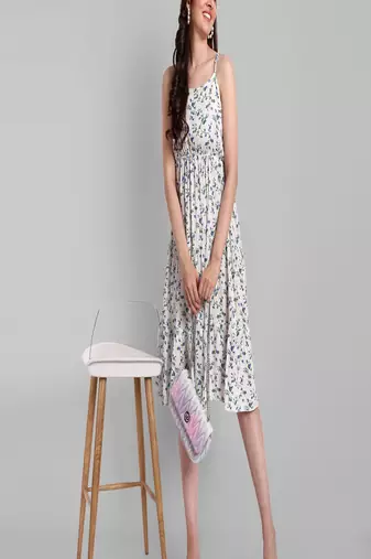 white printed viscose rayon knee length dress for girls & women