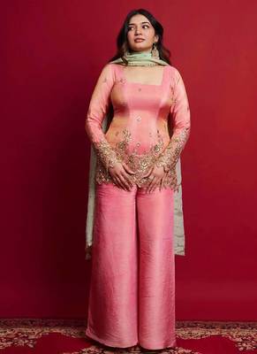 Pink color heavy shimmer silk embroidery work party wear suit 1