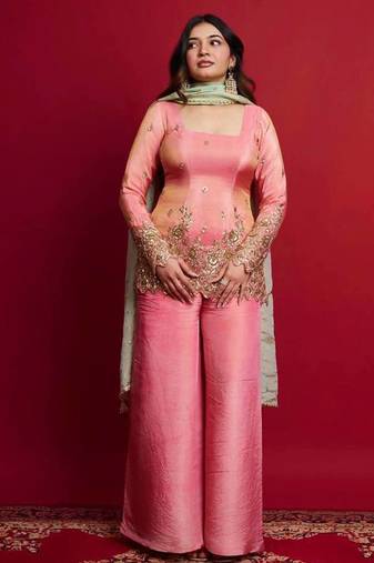 Pink color heavy shimmer silk embroidery work party wear suit