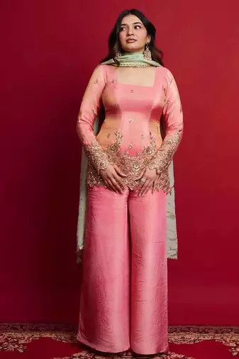 Pink color heavy shimmer silk embroidery work party wear suit